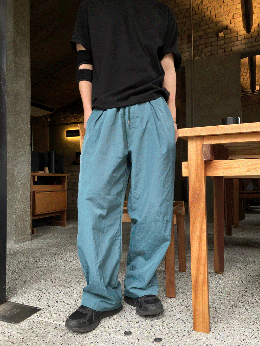 wide nylon banding pants (3color)