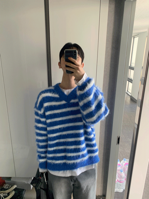 [문의 폭주] Angora stripe v neck knit (3color)